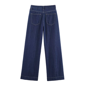 Vue arrière du pantalon en denim bleu foncé à jambes larges avec poches et coutures