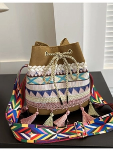 Ethnic embroidery bucket bag with fringe tassels and colorful wide shoulder strap in brown
