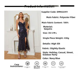 Infographic showing navy blue sequin maxi dress details, fabric specs and size guide