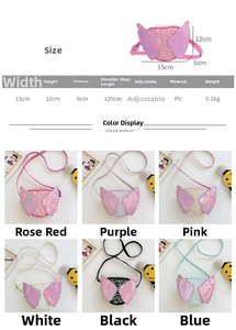 Detailed size chart and multi-color options for children's sequined wing crossbody bag