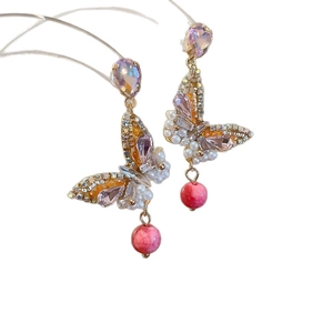 French tulle crystal flower earrings with gold butterfly wings and pink bead drop
