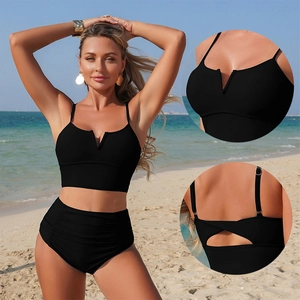 Black two-piece bikini featuring a high-waisted bottom and strappy cross-back top