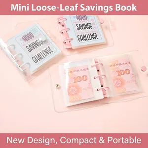 Portable clear PVC mini binder with pink rings for savings challenge and photo cards