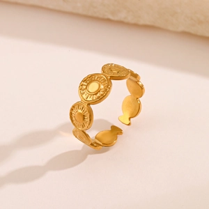 Gold plated stainless steel adjustable sunburst ring with geometric bohemian disc design