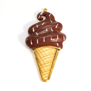 Detail of a chocolate ice cream cone charm in 18k gold plating with waffle texture