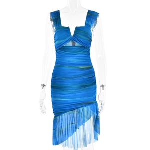 Blue striped V-neck mesh dress with ruched details and asymmetrical ruffled hem