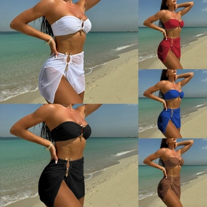 Haut De Bandeau Bikini Bas Et Jupe De Plage En Maille Couleur Unie Boucle En Métal Sexy Maillots De Bain Femmes