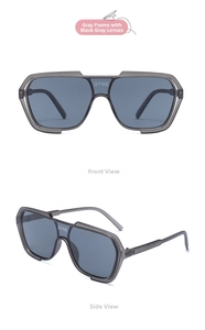 Front and side view of trendy large grey frame outdoor cycling sunglasses with dark lenses