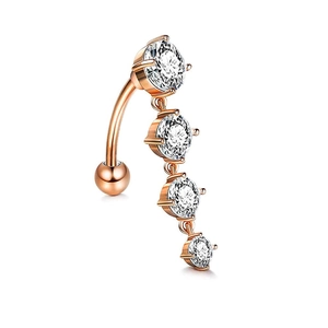 Detail of rose gold belly ring featuring four graduated white cubic zirconia stones