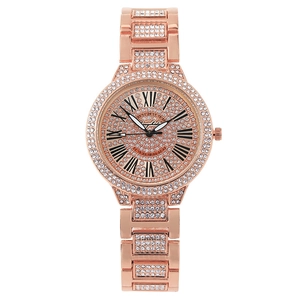 Luxury rose gold women watch with Roman numeral dial and sparkling crystal rhinestones