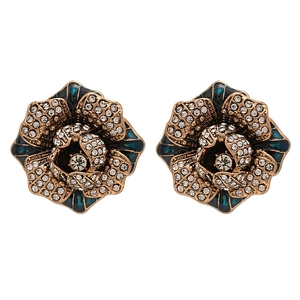 Vintage floral stud earrings with blue-green enamel and diamonds in antique gold finish