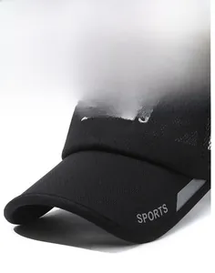 Detail of black breathable mesh sports cap with ECHOES embroidery and extended brim