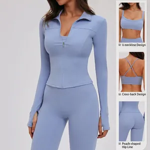 Ensemble de yoga 3 pièces avec veste zippée, brassière de sport et legging taille haute