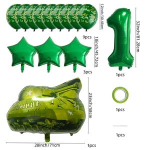 15-piece military camo balloon set with green army tank and 32-inch number balloon