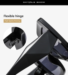 Detail of high quality flexible hinge and premium black finish on oversized sunglasses