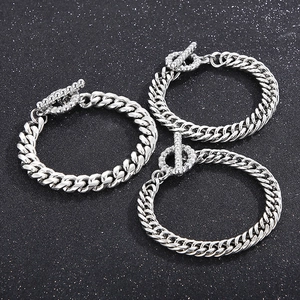 Three-piece silver stainless steel Cuban link bracelets with OT toggle clasps for couples