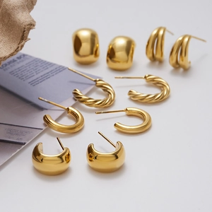 Classic 14K gold plated stainless steel textured C-shape hoop earrings set for women