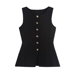 Détail du gilet en maille noire avec boutons dorés décoratifs et texture finement côtelée