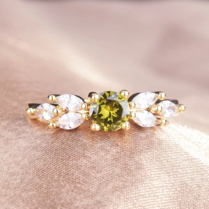 Olive Green Round Zircon Adjustable Ring Copper Marquise White Side Stones Elegant French Style Jewelry For Women