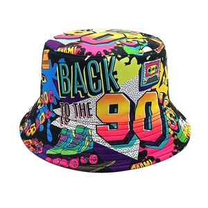 Detail of vibrant 90s retro graffiti print on double-sided bucket hat with sun brim