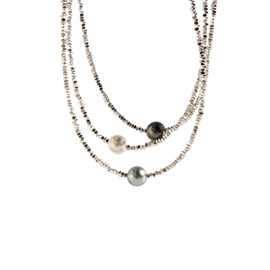 Three-layer silver beaded necklace featuring white, light grey, and dark grey pearls