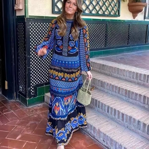 Bohemian Ethnic Floral Print Maxi Dress Long Sleeve Stand Collar Backless Polyester Holiday Vacation For Women