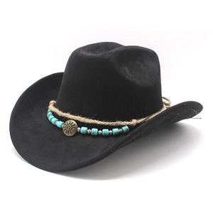 Black faux suede cowboy hat with turquoise beads and sun emblem on white background