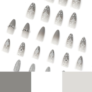 Winter Christmas press on nails with silver glitter, snowflakes and rhinestones decor