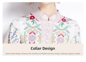 Detail of mandarin collar with white ball buttons on floral ethnic print dress