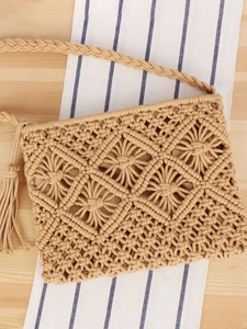 Minimalist Cotton Rope Woven Crossbody Bag Holiday Tassel Macrame Beach Shoulder Bag Dual Use Clutch Purse For Women Travel