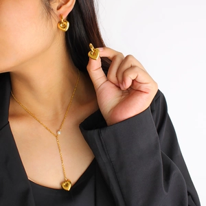 Elegant Heart Jewelry Stainless Steel Gold Plated Faux Artificial Pearl Pendant Necklace Heart Dangle Earrings For Women