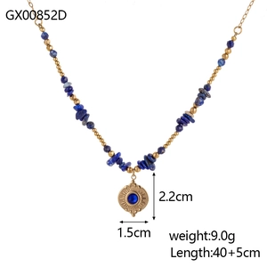 Bohemian blue stone beaded necklace with a textured gold sunburst pendant for women
