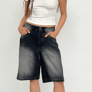 Detail showing high-waisted denim shorts with washed grey gradient and high-density texture