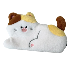Cute calico cat plush pencil case with embroidered details and soft fabric texture