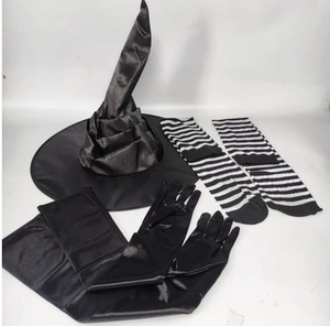 Halloween witch set featuring a black satin pointed hat, long gloves, and striped socks