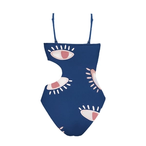 One-piece dark blue monokini with ruffle cut-out and evil eye print for women