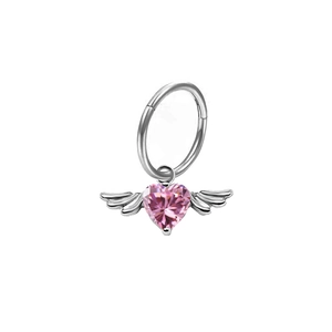 Piercing per ombelico in argento con zircone a cuore rosa e ciondolo con ali d'angelo