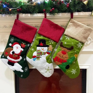Christmas Stockings Felt Burlap Santa Claus Snowman Reindeer Pattern Embroidered Hanging Holiday Decor Gift Bag