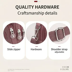 Nylon mini crossbody bag with 3-zipper compartments and adjustable strap, 6 colors available