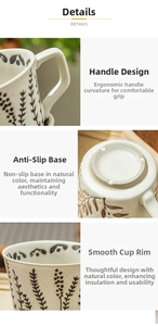 Detail view of handmade ceramic mug showing ergonomic handle, non-slip base and smooth rim