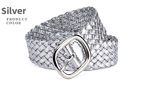 Macro shot of silver braided PU leather belt texture and polished metallic buckle