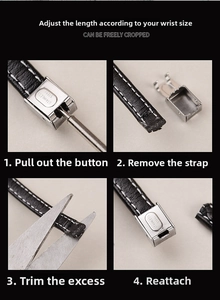 Detail of adjustable black leather bracelet with stainless steel clasp mechanism