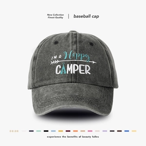Vintage Washed Cotton Baseball Cap Embroidered Happy Camper Outdoor Adjustable Distressed Sun Hat For Men Women