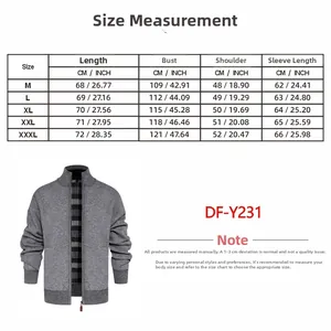 Size chart table for men's winter lapel cardigan sweater with detailed measurements