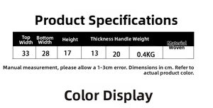 Detailed size chart for woven shoulder bag showing dimensions in centimeters
