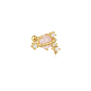 Macro detail of a golden Saturn stud earring featuring pink gemstone and white zirconias