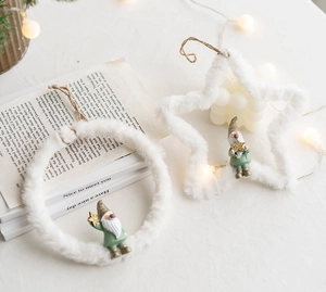 Christmas gnome hanging plush ornaments set with white faux fur stars and rings