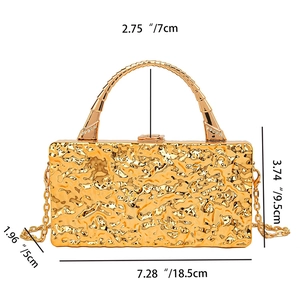 Detailed size chart of gold metallic evening clutch bag with dimensions and chain strap