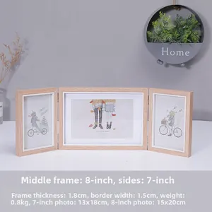 Detail view of a triple folding light wood photo frame set with natural finish and matting