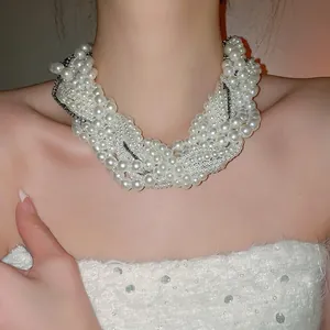 Multi Layer Faux Artificial Pearl Statement Necklace Rhinestone Luxury Stacked Choker Clavicle Chain Elegant Jewelry For Women